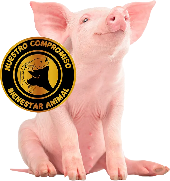 Lechón junto al sello Nuestro Compromiso Bienestar Animal de Market d'Lago